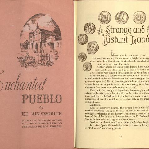 Cover and page 7, Enchanted Pueblo by Ed Ainsworth, illustrated by Orpha Klinker, 1959