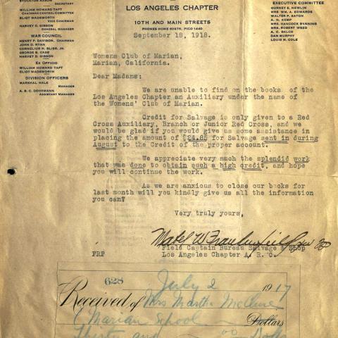 Letter from the Los Angeles Chapter of the American Red Cross