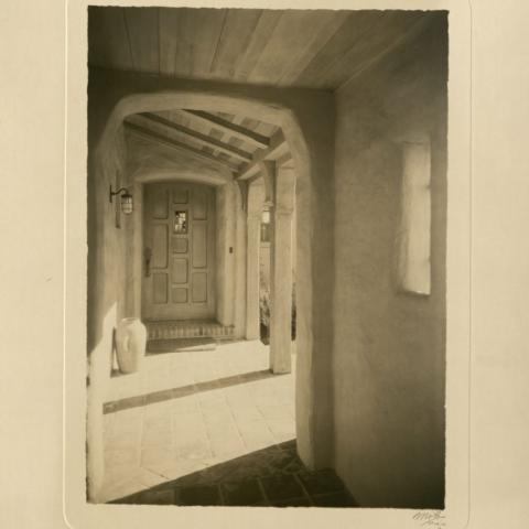 Exterior hallway of a Mission revival single-family home in the foothills of Los Angeles, ca. 1930