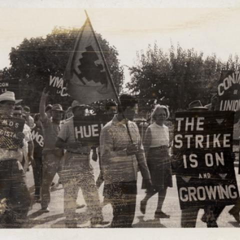Strikers marching with United Farm Workers flag in Delano, California during the grape strike