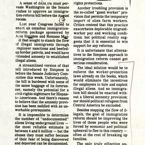 "Another Immigration Bill," Des Moine Iowa Register, July 18, 1985