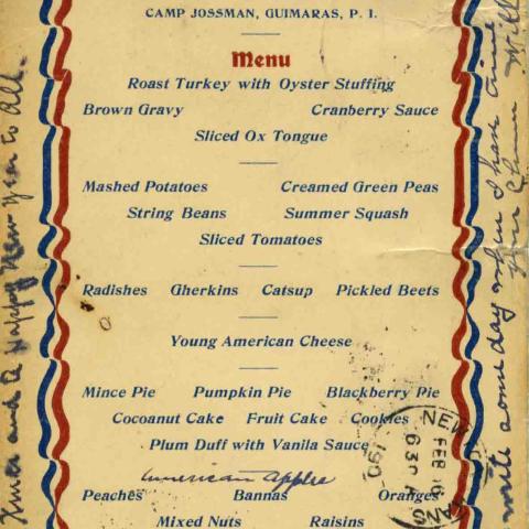 Camp Jossman Christmas Dinner Menu, 1906. Fred M. Greguras Papers