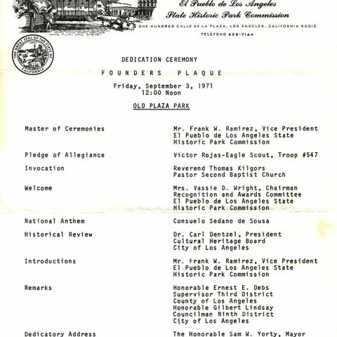 El Pueblo de Los Angeles Founders Plaque dedication ceremony agenda