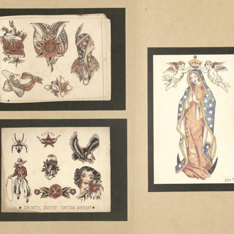 Flash by Gus Wagner (top left), Dainty Dotty (bottom left), and Lotteva Wagner Davis (right), in American Tattoo: As Ancient as Time, as Modern as Tomorrow , 1996