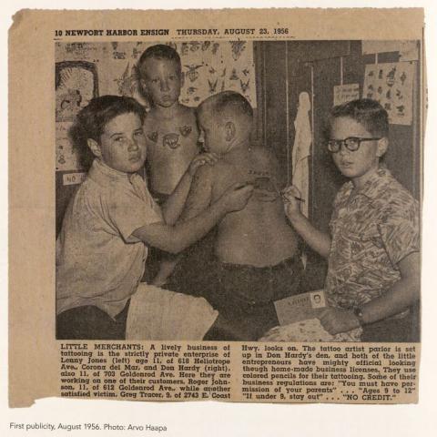 Reprinted newspaper clipping, Don Ed Hardy (on the right), in Tattooing the Invisible Man: Bodies of Work, 1955-1999