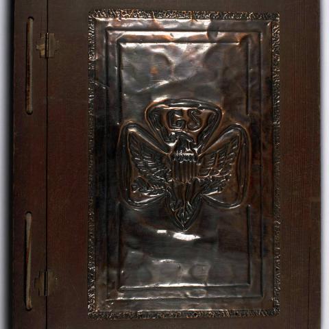 Leather bound Girl Scout Guest book with cooper insignia, date unknown