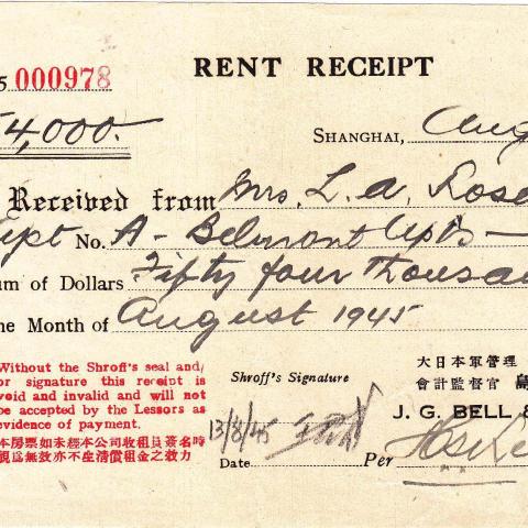 J.G. Bell & Co. Belmont Apartments rent receipt, August 1, 1945
