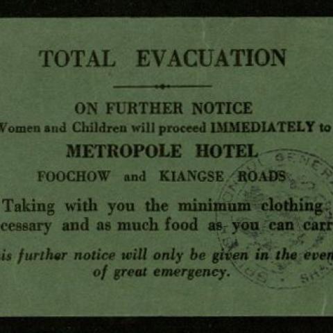 Total Evacuation Notice with official stamp of the British Consul General in Shanghai, ca. 1943