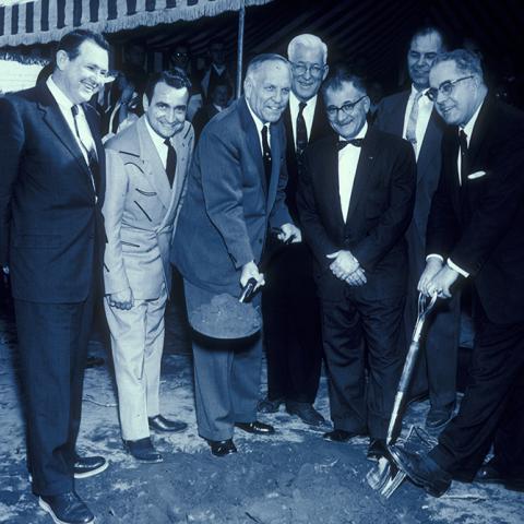 Campus ground breaking in 1956. Governor Goodwin Knight (center) and Roy Simpson (right) pose with shovels. Photo by Virgil Heliker.