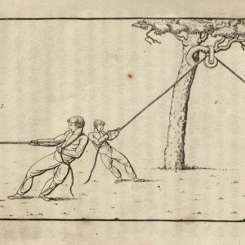 A plate illustrating different kinds of "pulling" in Instructions in All Kinds of Gymnastic Exercises, as Taught and Practiced in the Gymnastic Institutions of Germany