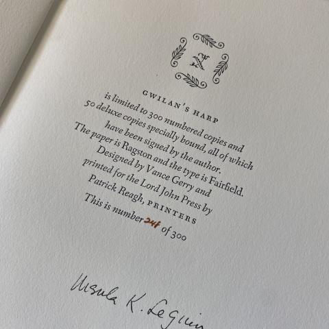 Gwilan’s Harp, Author's signature, PS3562.E42 G84 1981