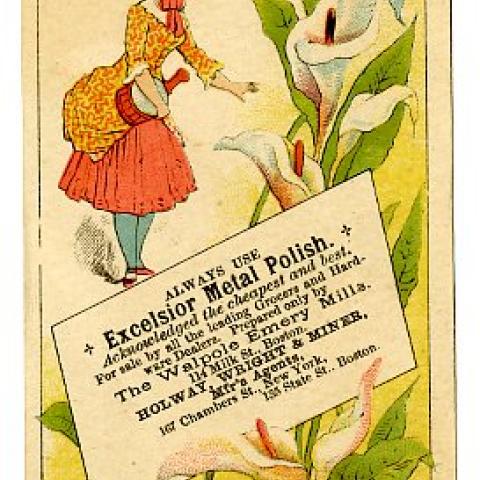 A female character from the Gilbert and Sullivan opera, Patience, advertising for Excelsior Metal Polish