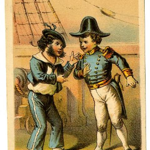 Two characters from the Gilbert and Sullivan opera, H.M.S. Pinafore, advertising for Higgins’ German Laundry Soap