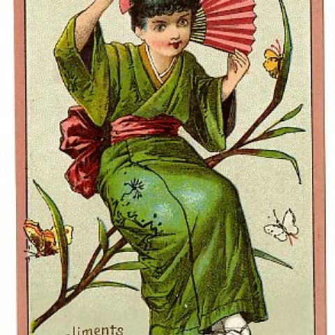 Female character from the Gilbert and Sullivan opera, The Mikado, advertising a manufacturing company