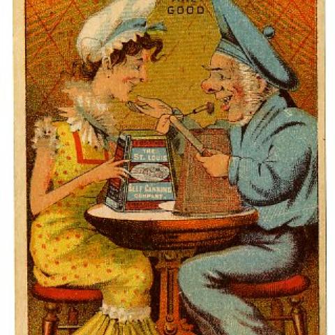 Two characters from the Gilbert and Sullivan opera, H.M.S. Pinafore, advertising for St. Louis Beef Canning Company