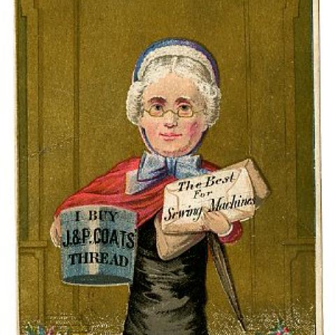 A female character from the Gilbert and Sullivan opera, H.M.S. Pinafore, advertising for J. & P. Coats