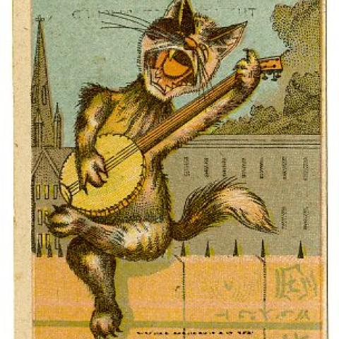 A feline adaptation of a character from the Gilbert and Sullivan opera, The Mikado, advertising for the Great Family Wine & Bottling Company