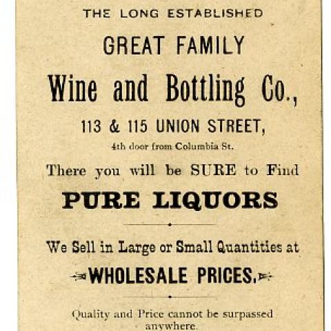 Backside of The Mikado card advertising for the Great Family Wine & Bottling Company