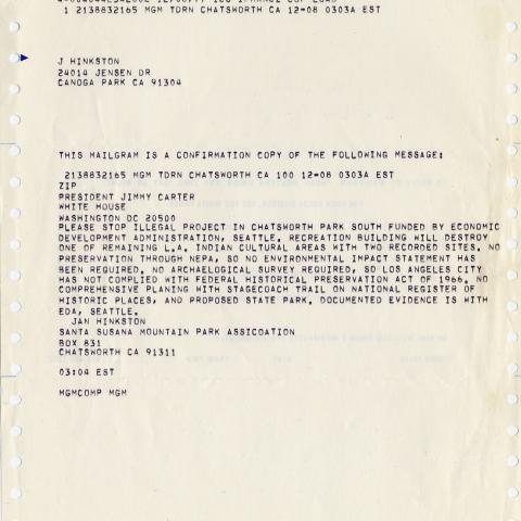 Mailgram to President Jimmy Carter from Janice Hinkston, December 8, 1977