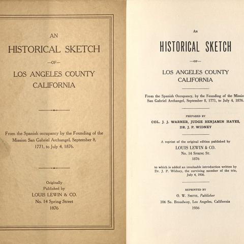 Cover and title page, An Historical Sketch of Los Angeles County, California, reprint, 1936
