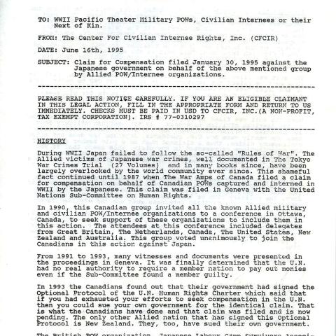 To: WWII Pacific Theater Military POWs, civilian internees or their next of kin
