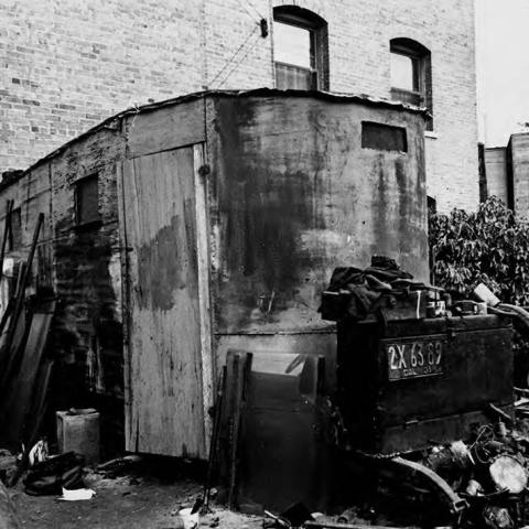Residence created out of what appears to be an old mobile home trailer. The location is 627 Ceres St. near Skid Row in Downtown Los Angeles.