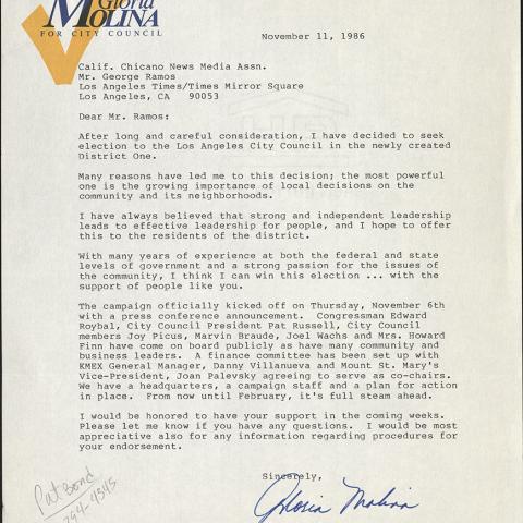 Letter from Gloria Molina to George Ramos, November 11, 1986, Frank del Olmo Collection, Box 109, Folder 4.