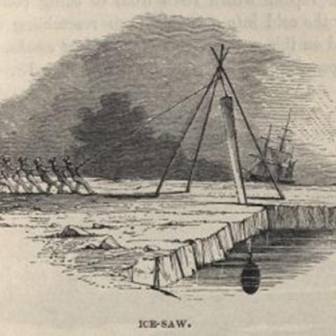 A team of men uses an ice saw to break up the ice. Winter in the Arctic Regions