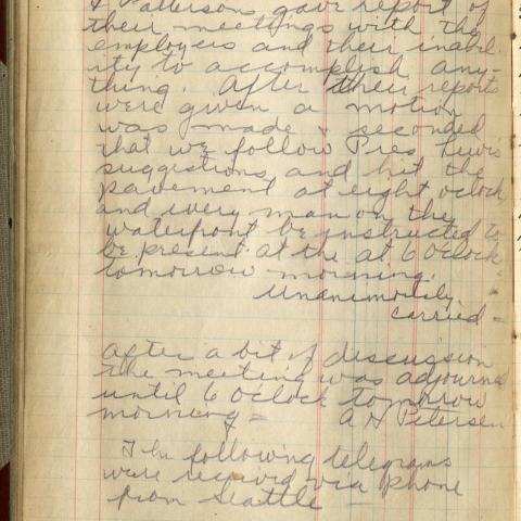 Handwritten minutes from ILWU, Local 13's special meeting on May 8, 1934 in which a motion is made and seconded to go on strike in Los Angeles the following day.