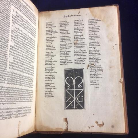 Valerii Maximi factorum ac dictorum memorabilium. An example of Joannes and Gregorius de Gregoriis printer’s device. Note the bookworm damage at the bottom of the page. PA 6791.V6 1487