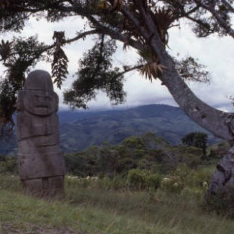 Stone Statue, San Agustín Archaeological Park, Colombia. Ancient indigenous artisans carved the prominent stone figure between 300-800 AD. Photo taken in 1975. Digital ID: 99.01.RCr.sl.B17.04.17.15