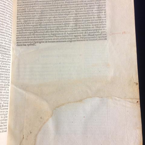 M.T. Ciceronis epistolarum familiarium ad P. Lentulum liber primus Hubertini Clerici Crescentinatis in epistolas Ciceronis commentum. An example of paper that has been repaired. PA 6297.A3 1480