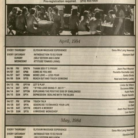 A list of Elysium Institute events, Journal of the Senses, 1984