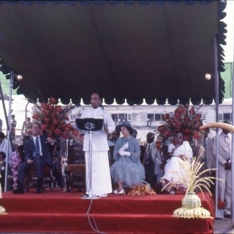 Junius Richard Jayewardene, then President of Sri Lanka, delivers a speech during Queen Elizabeth II and Prince Phillip’s visit to Sri Lanka, celebrating its 50-year anniversary of adult universal franchise, 1981