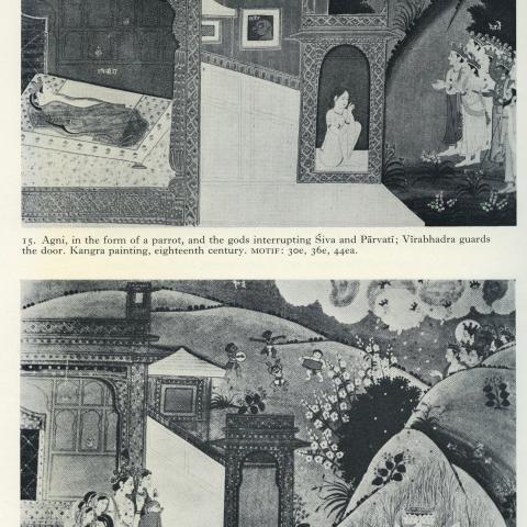 Two Kangra paintings featuring Śiva: Agni in the form of a parrot and the gods interrupting Śiva…; The birth of Skanda in a forest of reeds while Śiva watches