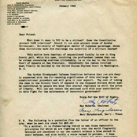Letter from the Gordon Hirabayashi Defense Committee