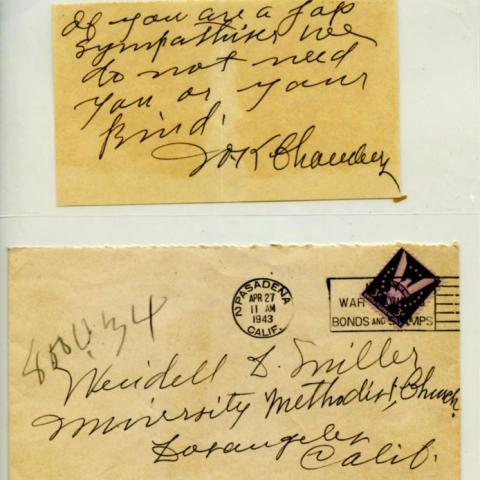 Note to Reverend Miller calling him a "Jap sympathizer"