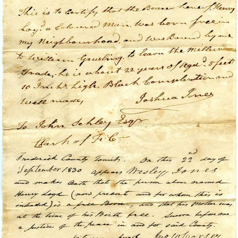 Free born affidavit for Henry Loyd, 1830
