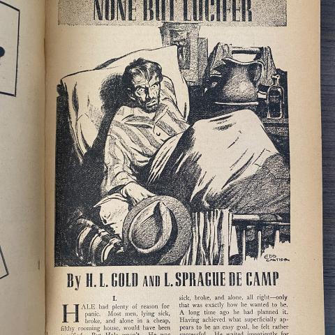 Opening illustration showing Hale waking up in disarray, Unknown, vol. 2 no. 1 September 1939, P1. U554