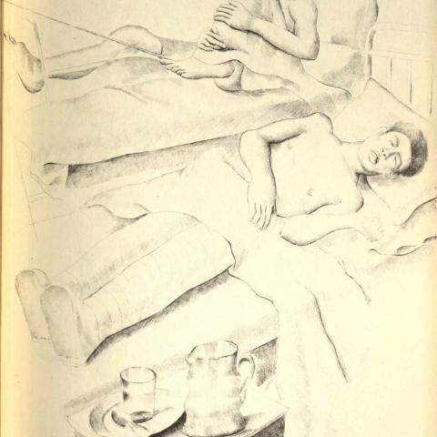 Drawing showing wounded soldiers on hospital beds in All the Brave