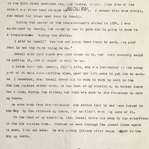 Testimony of ILWU member regarding an acquaintance who was thrown into the San Francisco Bay after crossing strike lines, 1934