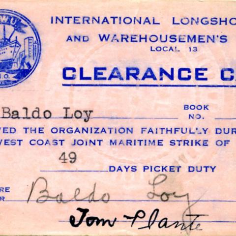 ILWU member Baldo Loy's Strike Clearance Card, 1948