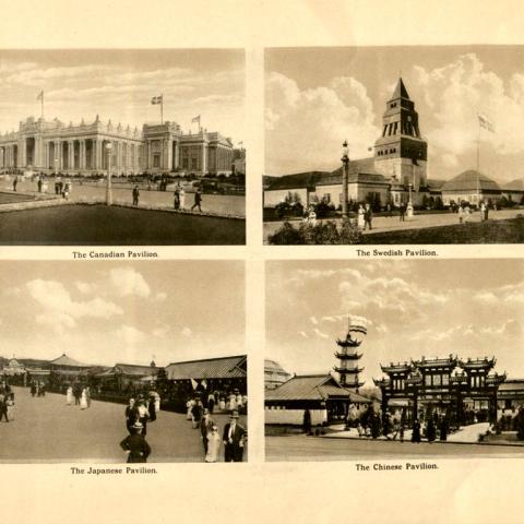 Individual illustrations of the Canadian, Swedish, Japanese, and Chinese Pavilions