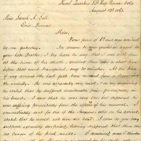 Correspondence from William H. Edmont to Sarah Sell, August 13, 1863, page 1