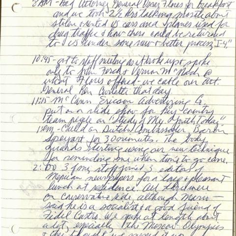 Julian Nava’s edited page, scratched from Saturday 24 May to Friday 23 May, where he writes his full schedule starting from 8am to "Home for supper – dead tired." Julian Nava Collection