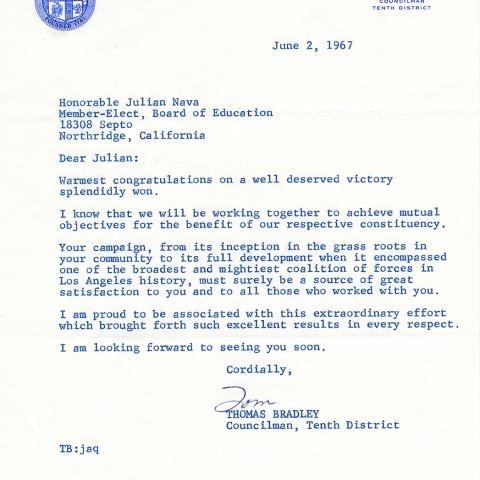 Letter of congratulations to Julian Nava from Thomas Bradley, June 2, 1967