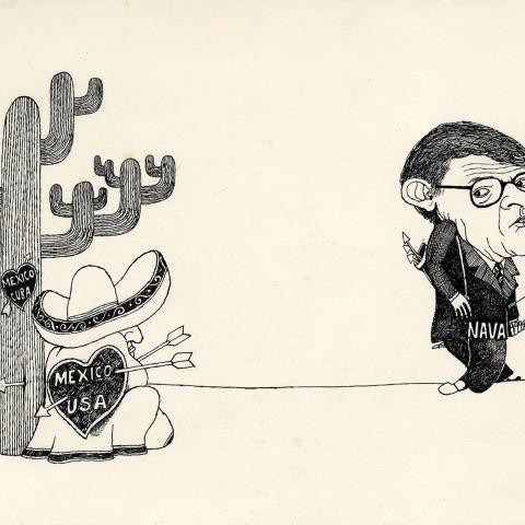 Political cartoon with Nava as an archer, 1980