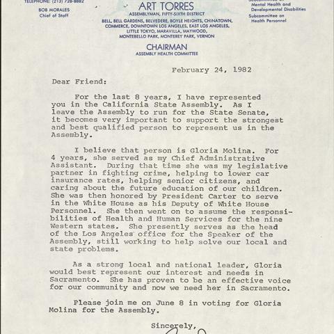 Art Torres Gloria Molina campaign endorsement, February 24, 1982, Frank del Olmo Collection, Box 111, Folder 10