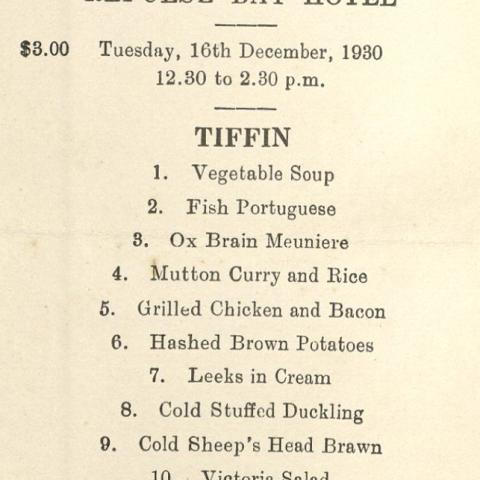 Lunch menu from December 16, 1930 at the Repulse Bay Hotel