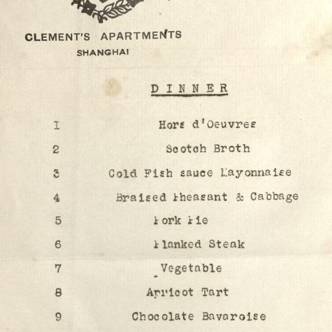 Dinner menu from December 19 at Clement's Apartments, Shanghai